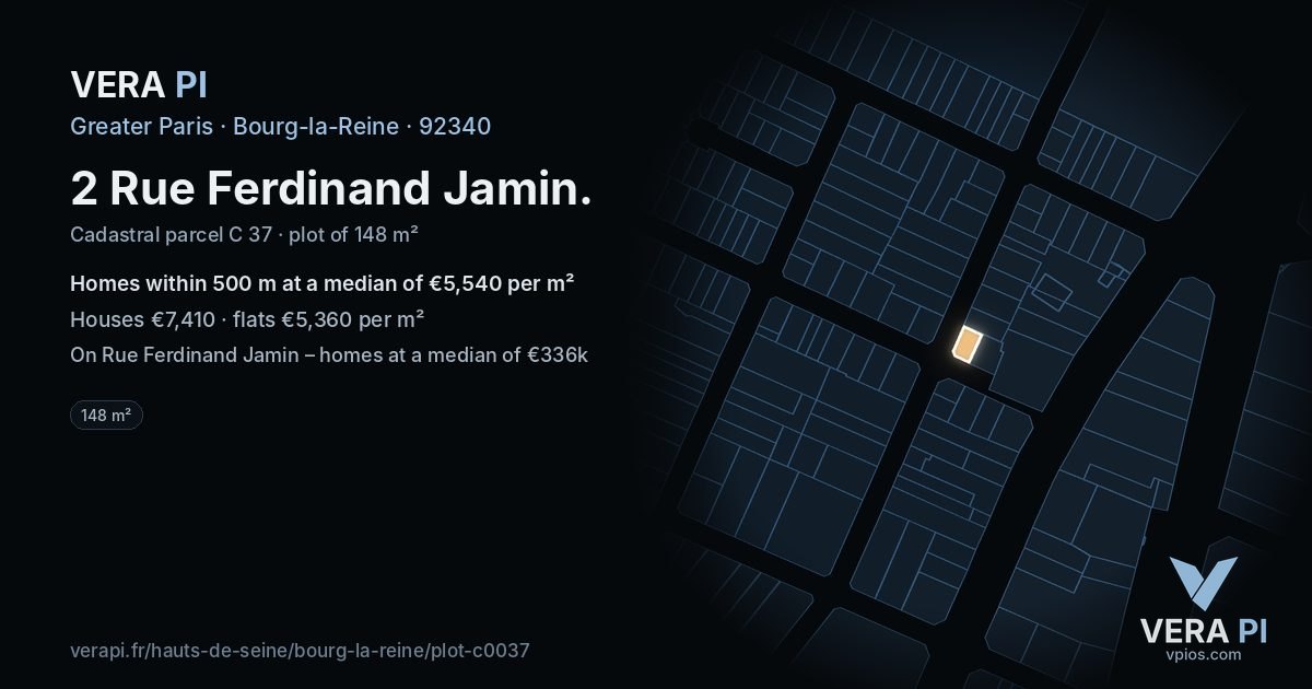 2 Rue Ferdinand Jamin, Bourg-la-Reine at night – the plot lit, the parcels around coloured by the prices near them