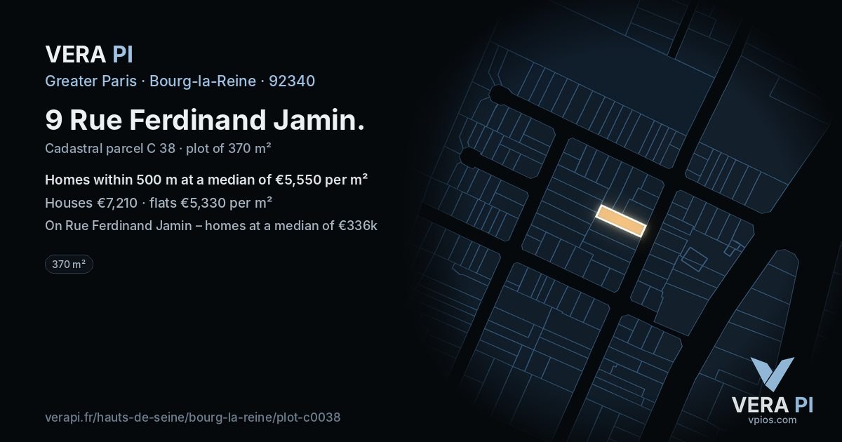 9 Rue Ferdinand Jamin, Bourg-la-Reine at night – the plot lit, the parcels around coloured by the prices near them