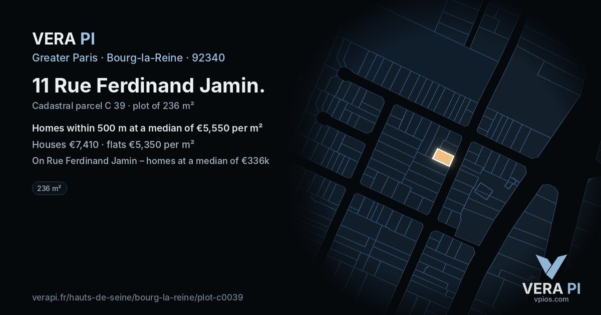 11 Rue Ferdinand Jamin, Bourg-la-Reine at night – the plot lit, the parcels around coloured by the prices near them