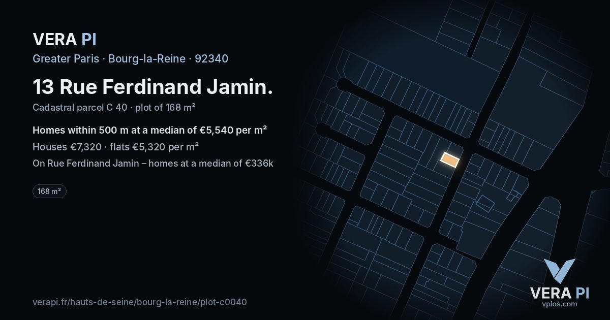 13 Rue Ferdinand Jamin, Bourg-la-Reine at night – the plot lit, the parcels around coloured by the prices near them