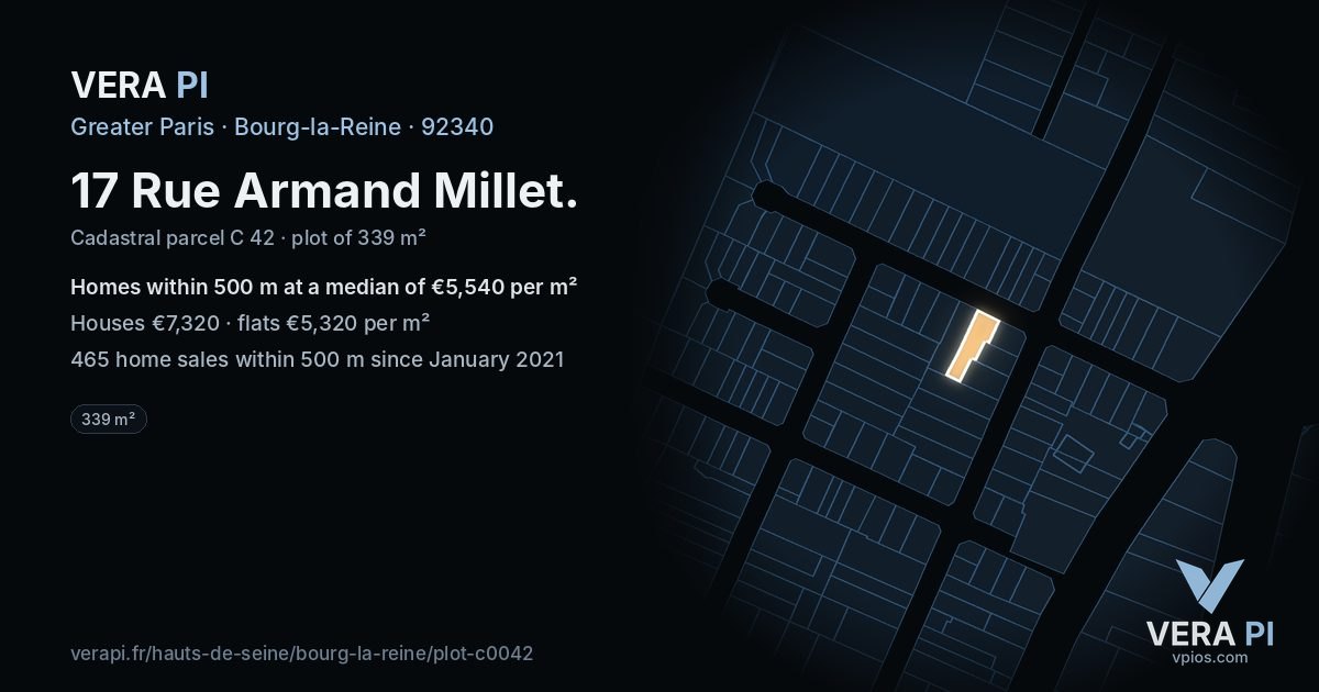17 Rue Armand Millet, Bourg-la-Reine at night – the plot lit, the parcels around coloured by the prices near them