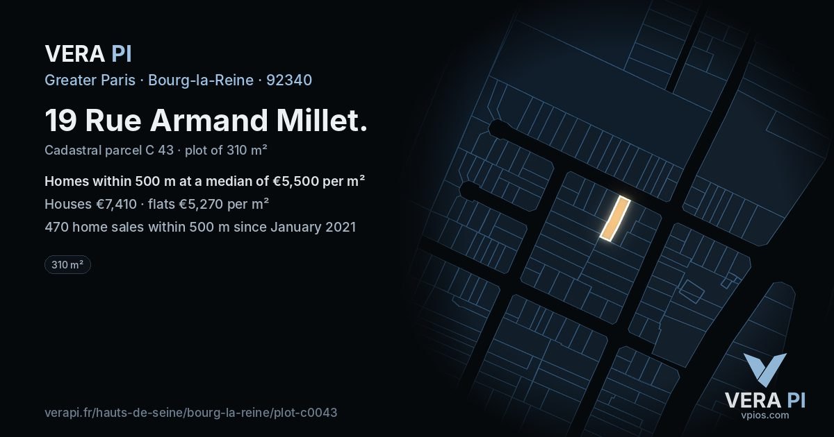 19 Rue Armand Millet, Bourg-la-Reine at night – the plot lit, the parcels around coloured by the prices near them