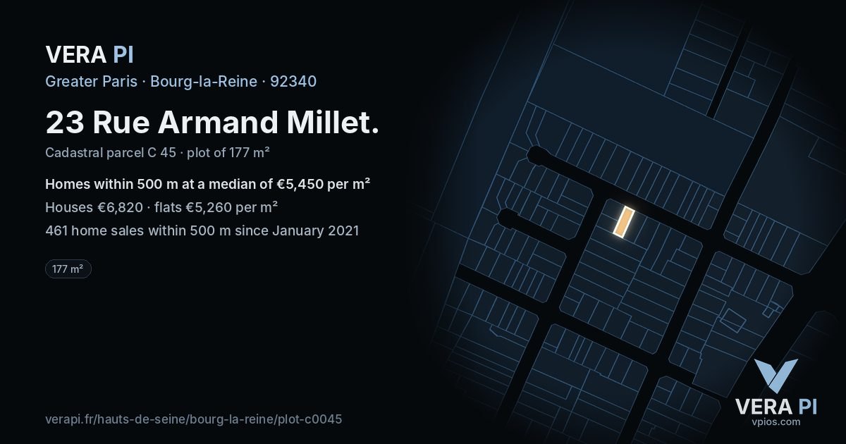 23 Rue Armand Millet, Bourg-la-Reine at night – the plot lit, the parcels around coloured by the prices near them