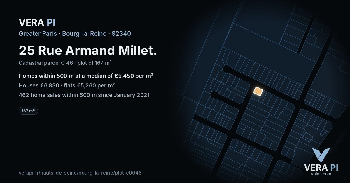 25 Rue Armand Millet, Bourg-la-Reine at night – the plot lit, the parcels around coloured by the prices near them