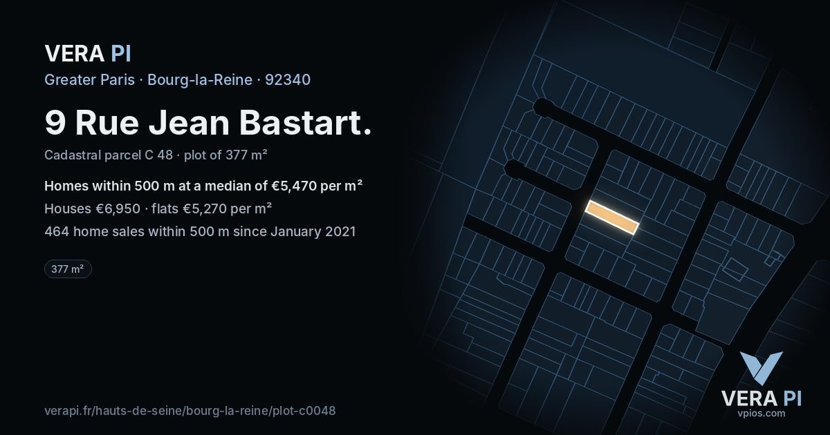 9 Rue Jean Bastart, Bourg-la-Reine at night – the plot lit, the parcels around coloured by the prices near them
