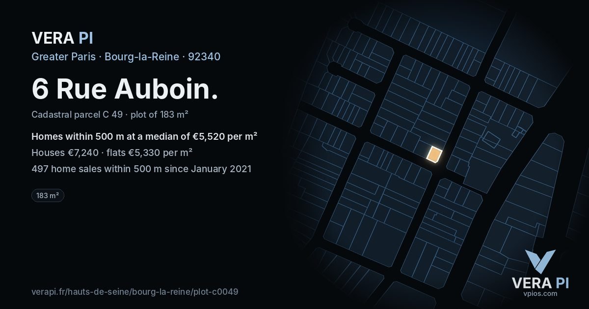 6 Rue Auboin, Bourg-la-Reine at night – the plot lit, the parcels around coloured by the prices near them