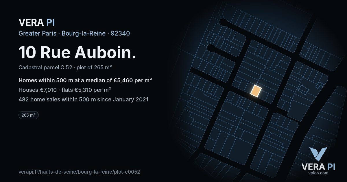 10 Rue Auboin, Bourg-la-Reine at night – the plot lit, the parcels around coloured by the prices near them