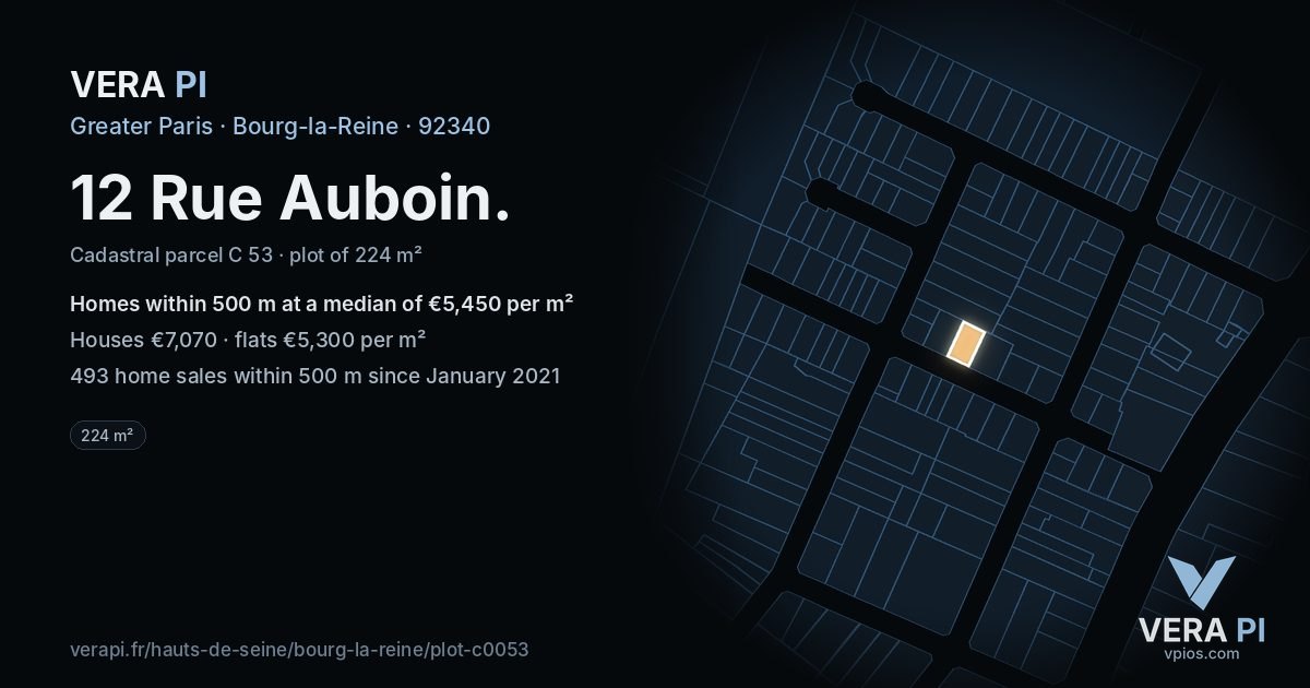 12 Rue Auboin, Bourg-la-Reine at night – the plot lit, the parcels around coloured by the prices near them