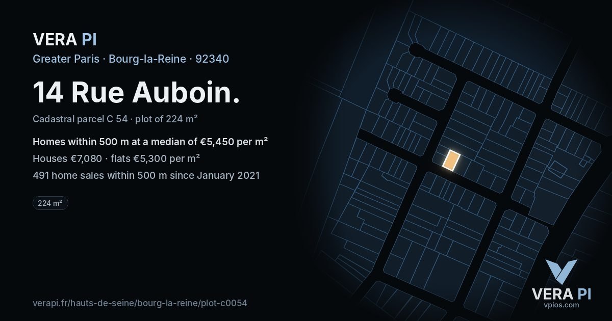 14 Rue Auboin, Bourg-la-Reine at night – the plot lit, the parcels around coloured by the prices near them