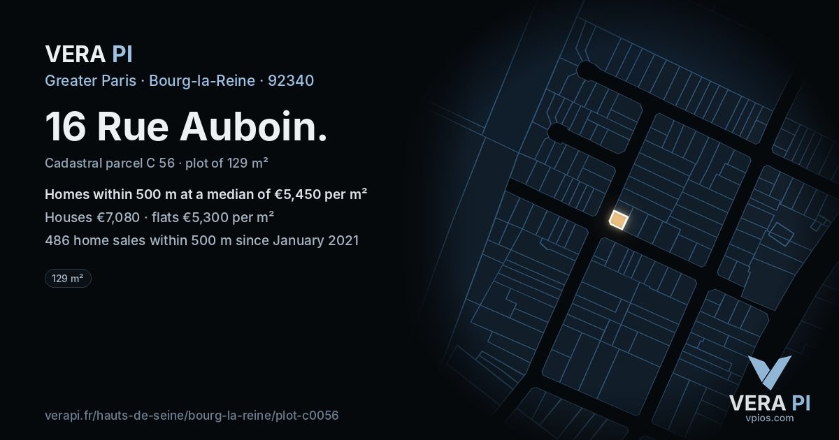 16 Rue Auboin, Bourg-la-Reine at night – the plot lit, the parcels around coloured by the prices near them