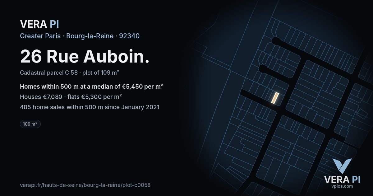 26 Rue Auboin, Bourg-la-Reine at night – the plot lit, the parcels around coloured by the prices near them