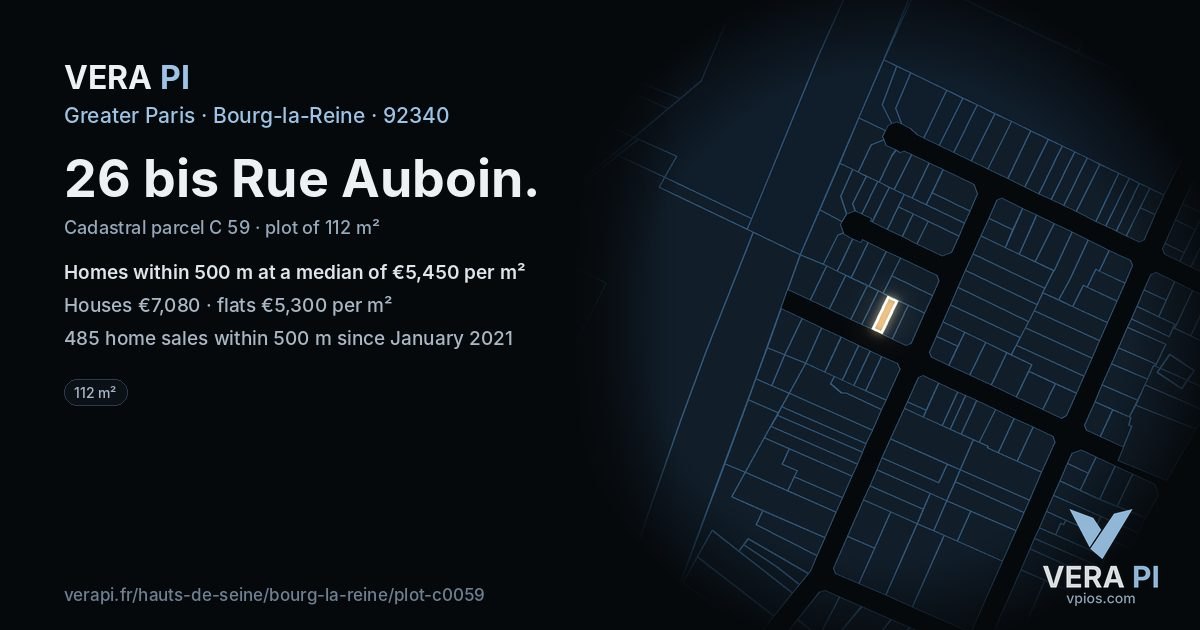 26 bis Rue Auboin, Bourg-la-Reine at night – the plot lit, the parcels around coloured by the prices near them