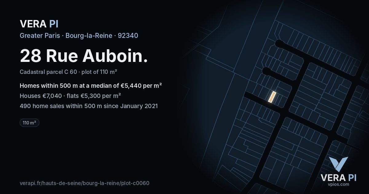 28 Rue Auboin, Bourg-la-Reine at night – the plot lit, the parcels around coloured by the prices near them