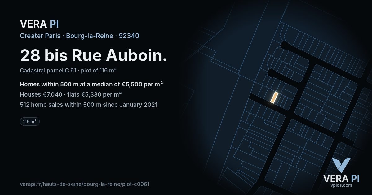 28 bis Rue Auboin, Bourg-la-Reine at night – the plot lit, the parcels around coloured by the prices near them