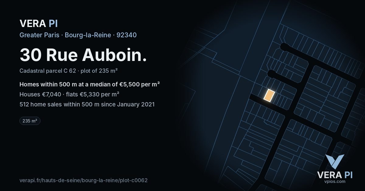 30 Rue Auboin, Bourg-la-Reine at night – the plot lit, the parcels around coloured by the prices near them