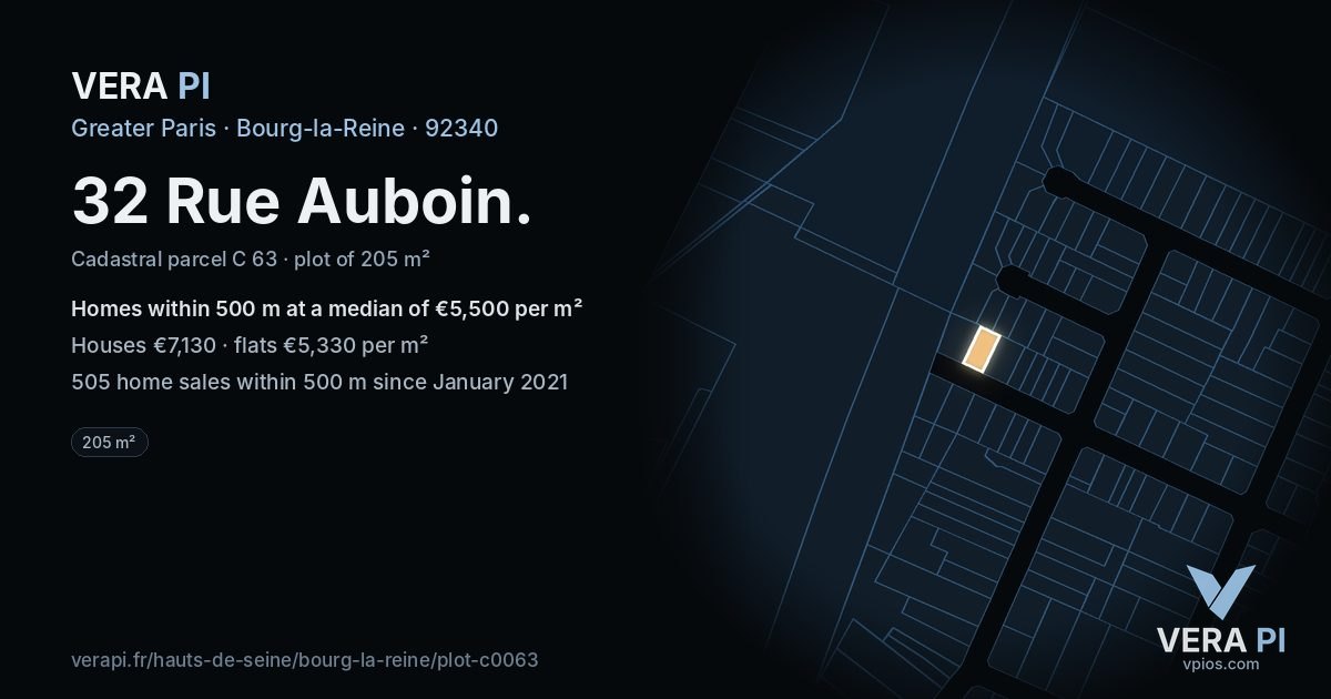 32 Rue Auboin, Bourg-la-Reine at night – the plot lit, the parcels around coloured by the prices near them