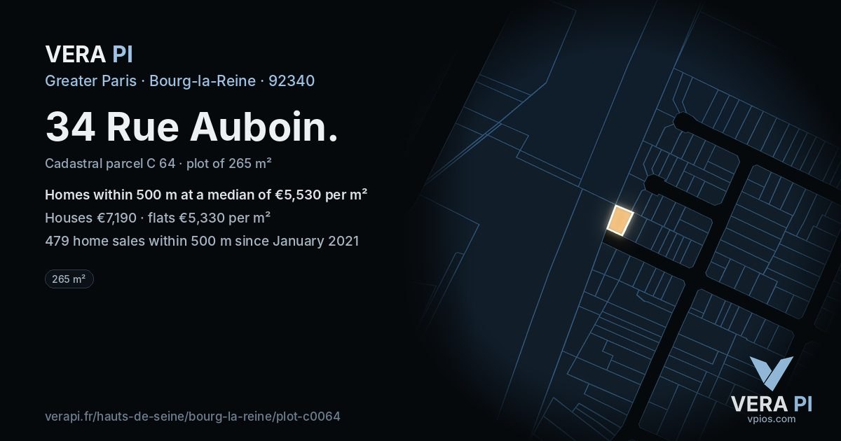 34 Rue Auboin, Bourg-la-Reine at night – the plot lit, the parcels around coloured by the prices near them