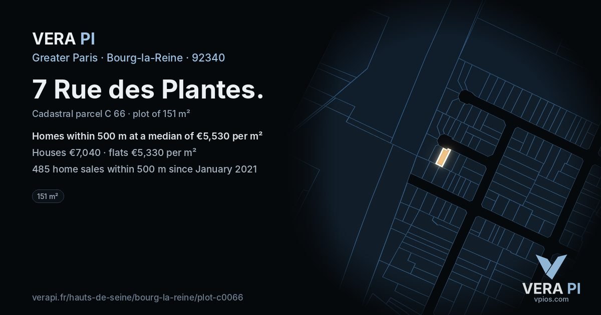 7 Rue des Plantes, Bourg-la-Reine at night – the plot lit, the parcels around coloured by the prices near them