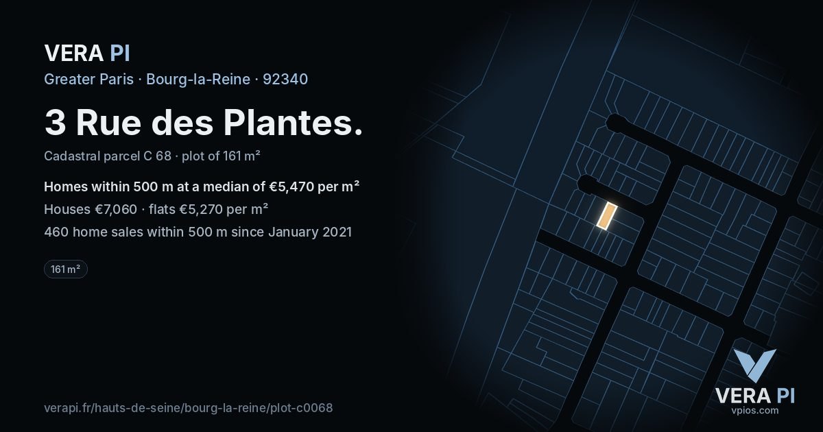 3 Rue des Plantes, Bourg-la-Reine at night – the plot lit, the parcels around coloured by the prices near them
