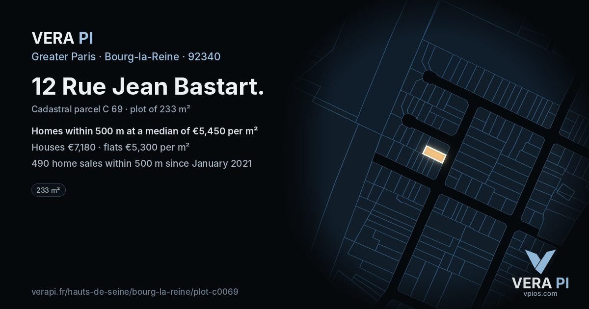 12 Rue Jean Bastart, Bourg-la-Reine at night – the plot lit, the parcels around coloured by the prices near them