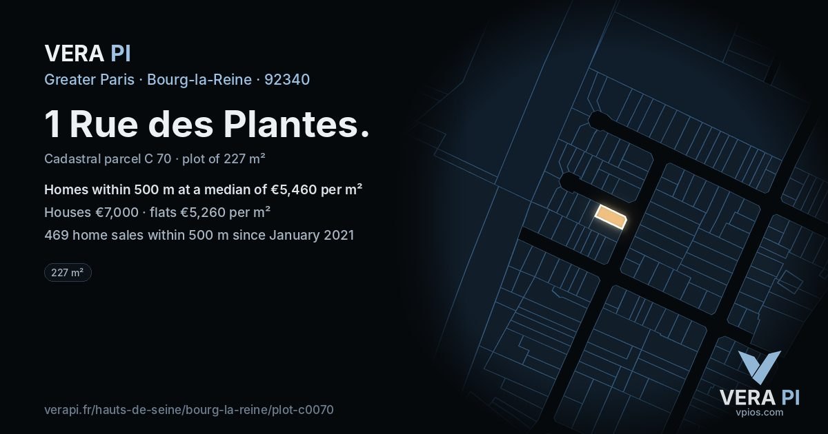 1 Rue des Plantes, Bourg-la-Reine at night – the plot lit, the parcels around coloured by the prices near them