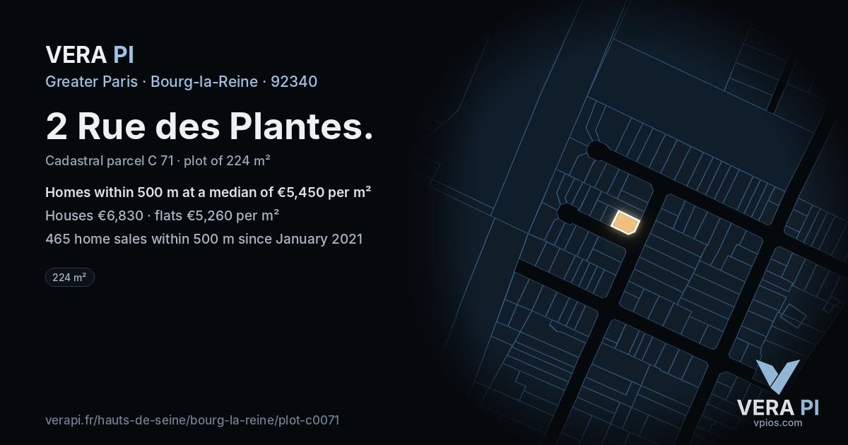 2 Rue des Plantes, Bourg-la-Reine at night – the plot lit, the parcels around coloured by the prices near them