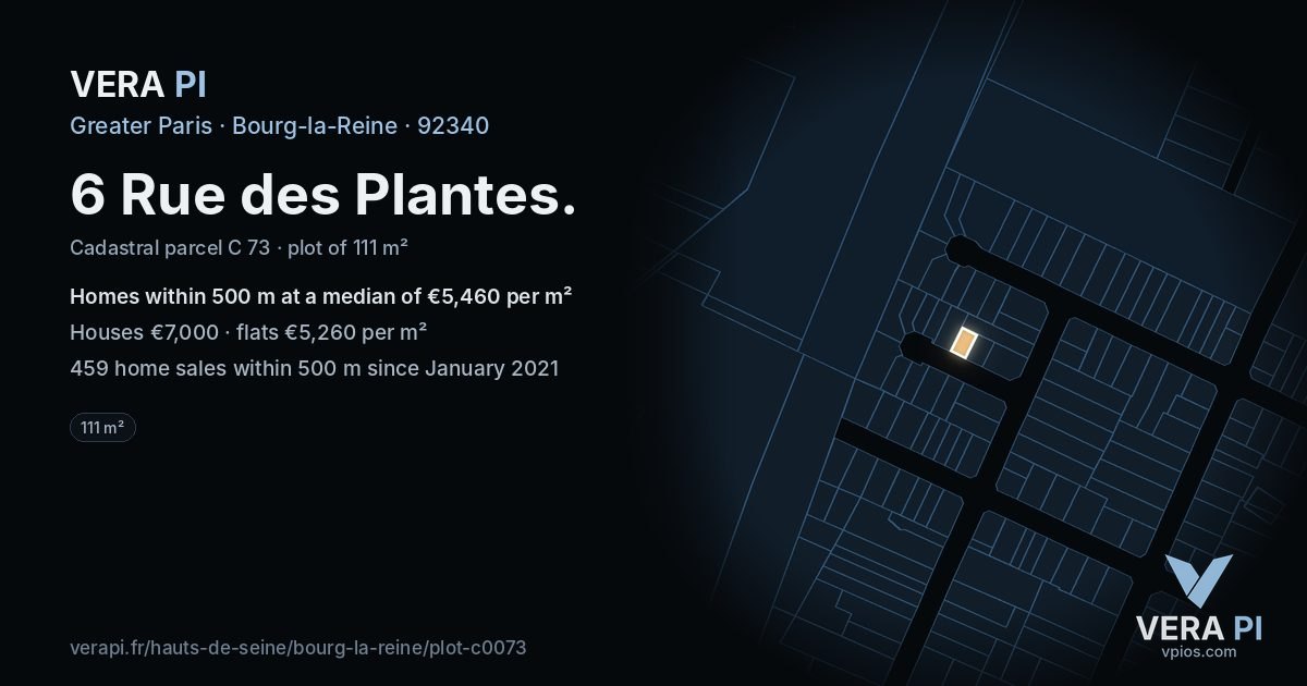 6 Rue des Plantes, Bourg-la-Reine at night – the plot lit, the parcels around coloured by the prices near them