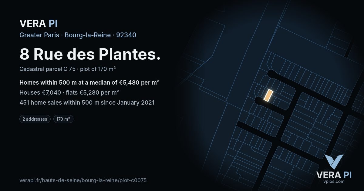 8 Rue des Plantes, Bourg-la-Reine at night – the plot lit, the parcels around coloured by the prices near them