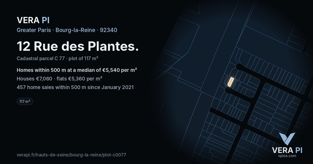 12 Rue des Plantes, Bourg-la-Reine at night – the plot lit, the parcels around coloured by the prices near them