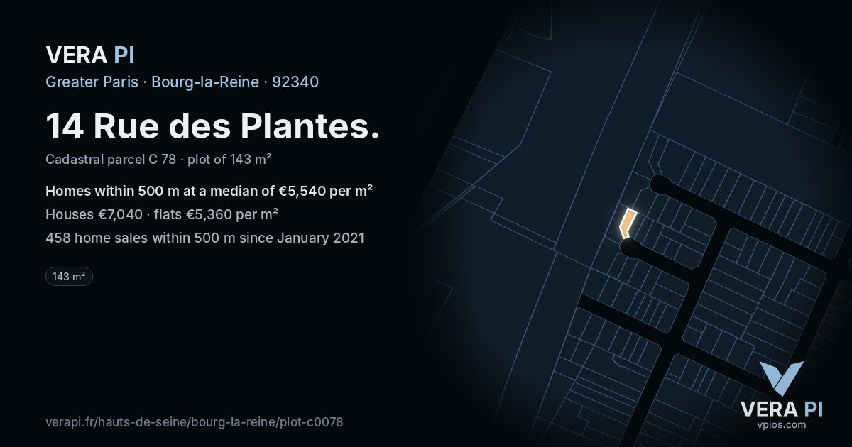 14 Rue des Plantes, Bourg-la-Reine at night – the plot lit, the parcels around coloured by the prices near them