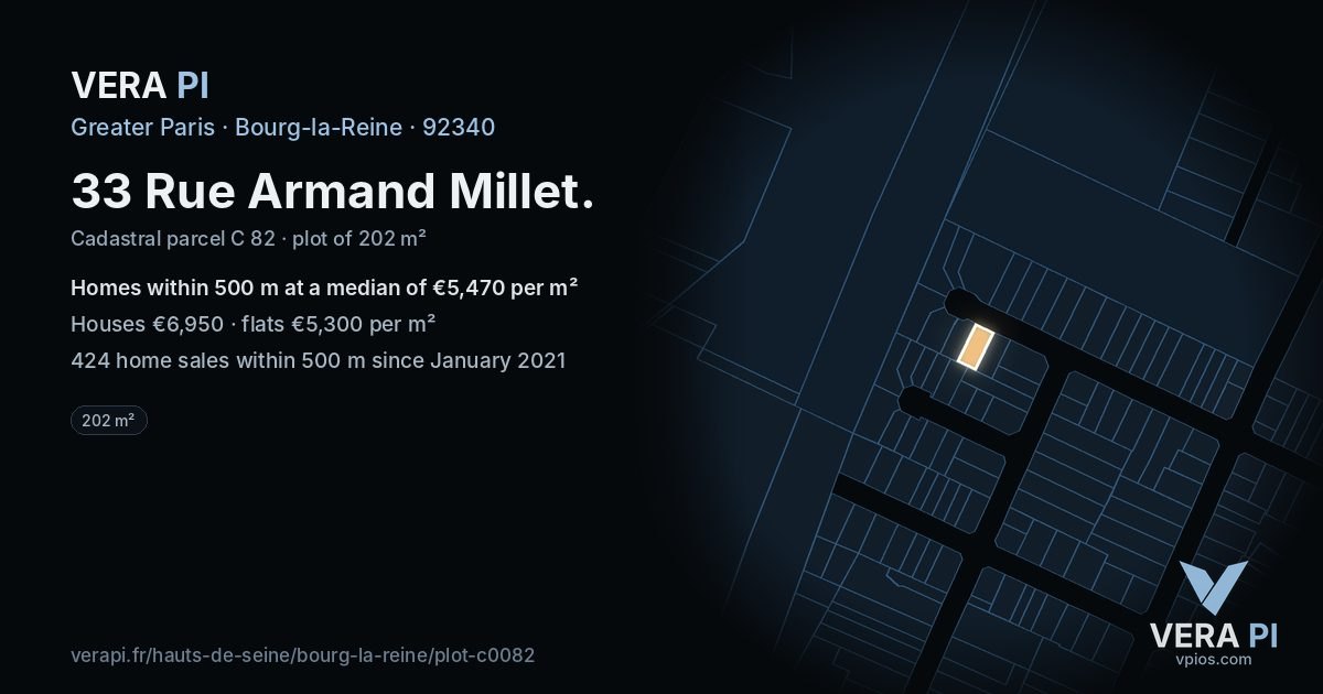 33 Rue Armand Millet, Bourg-la-Reine at night – the plot lit, the parcels around coloured by the prices near them