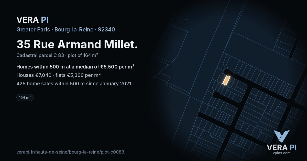 35 Rue Armand Millet, Bourg-la-Reine at night – the plot lit, the parcels around coloured by the prices near them