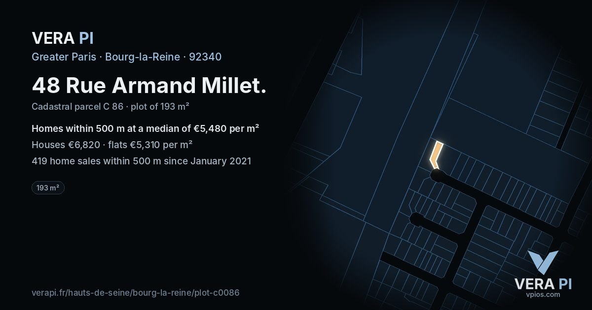 48 Rue Armand Millet, Bourg-la-Reine at night – the plot lit, the parcels around coloured by the prices near them