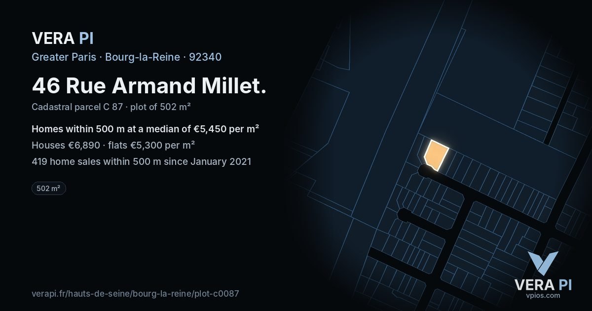 46 Rue Armand Millet, Bourg-la-Reine at night – the plot lit, the parcels around coloured by the prices near them