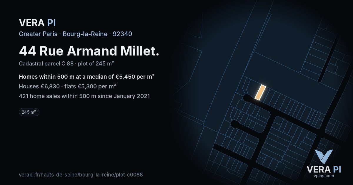 44 Rue Armand Millet, Bourg-la-Reine at night – the plot lit, the parcels around coloured by the prices near them