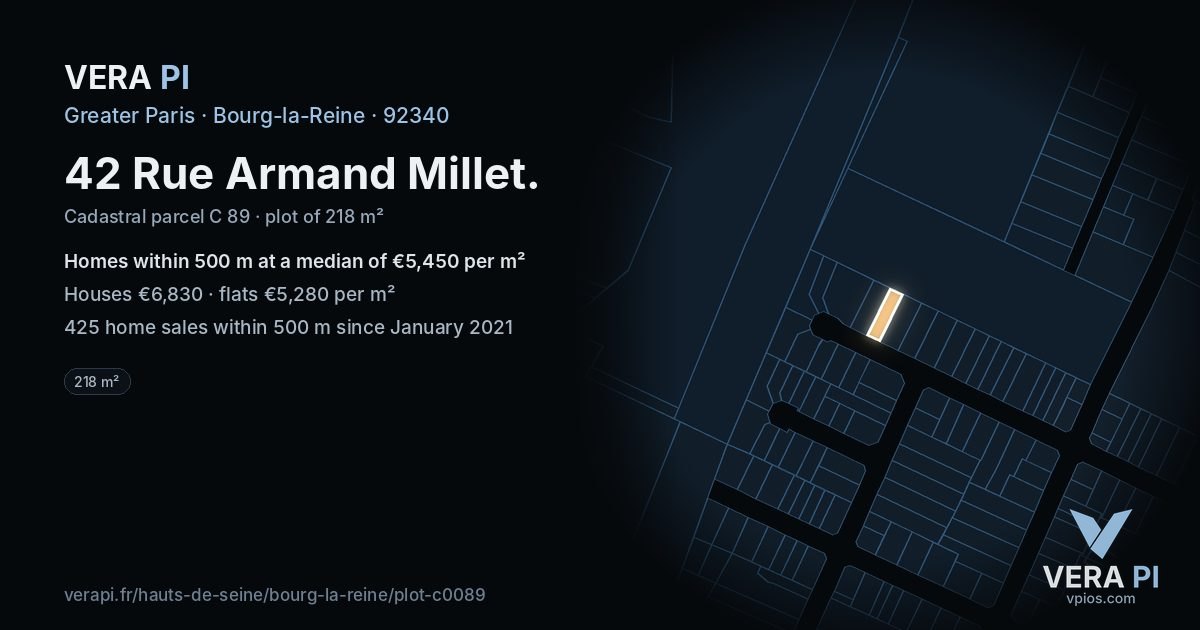 42 Rue Armand Millet, Bourg-la-Reine at night – the plot lit, the parcels around coloured by the prices near them