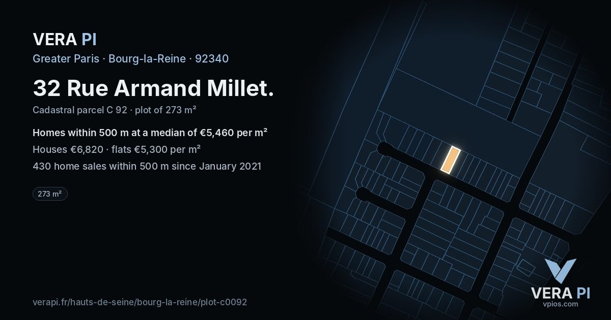 32 Rue Armand Millet, Bourg-la-Reine at night – the plot lit, the parcels around coloured by the prices near them