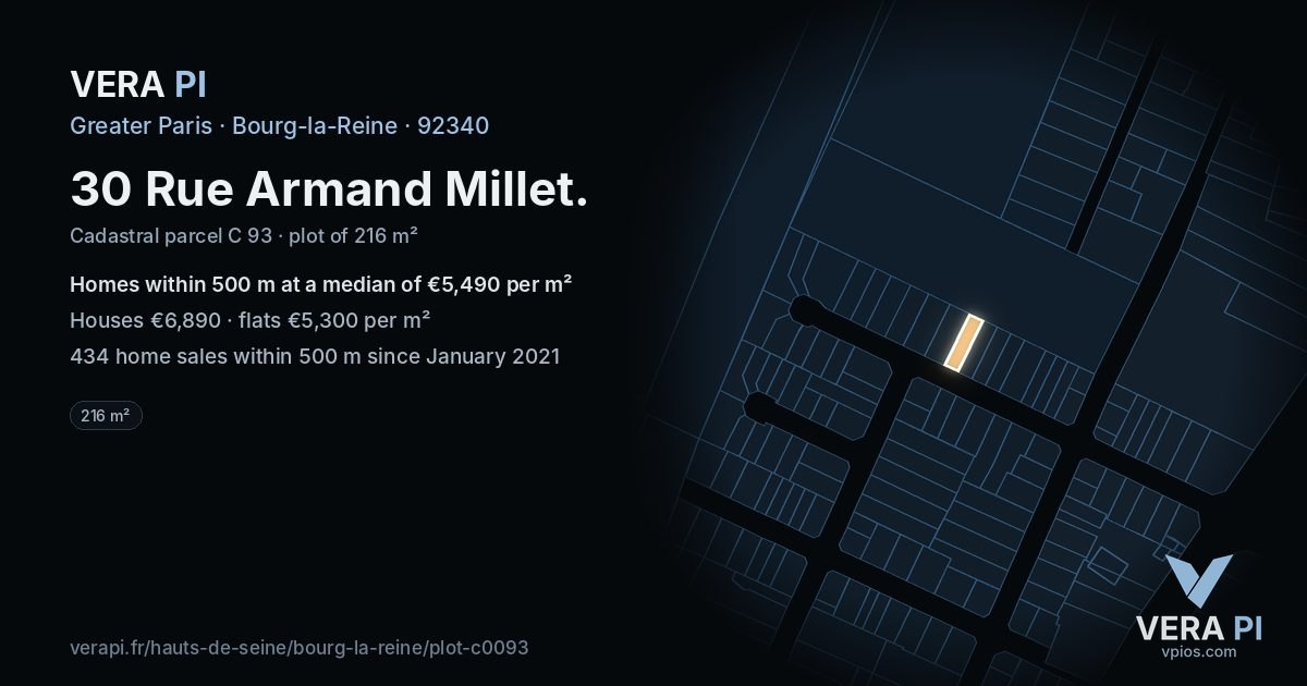 30 Rue Armand Millet, Bourg-la-Reine at night – the plot lit, the parcels around coloured by the prices near them