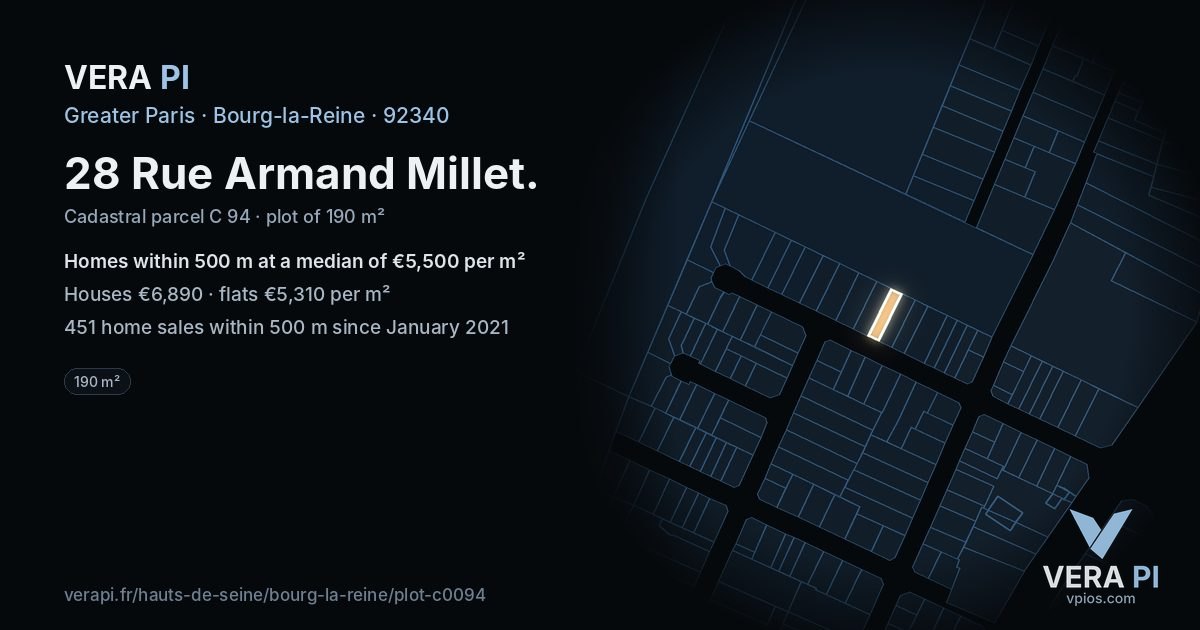 28 Rue Armand Millet, Bourg-la-Reine at night – the plot lit, the parcels around coloured by the prices near them