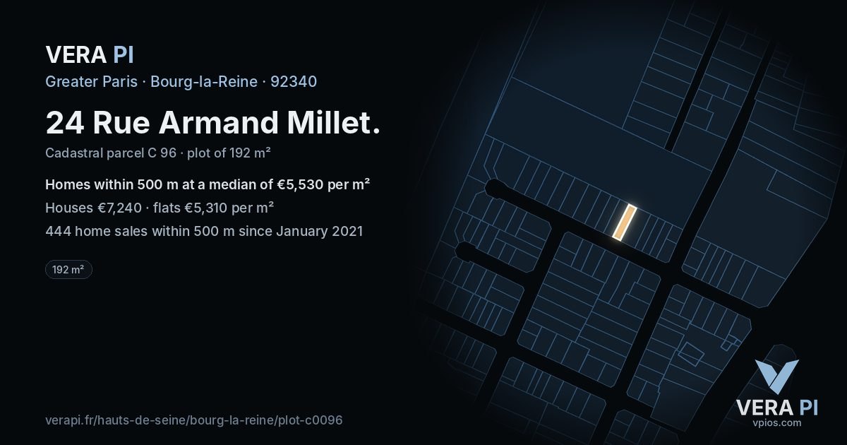 24 Rue Armand Millet, Bourg-la-Reine at night – the plot lit, the parcels around coloured by the prices near them