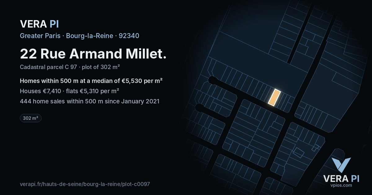 22 Rue Armand Millet, Bourg-la-Reine at night – the plot lit, the parcels around coloured by the prices near them