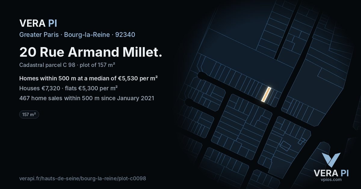 20 Rue Armand Millet, Bourg-la-Reine at night – the plot lit, the parcels around coloured by the prices near them