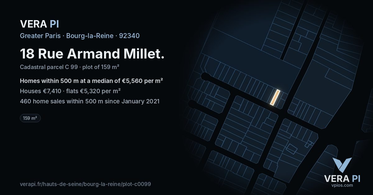 18 Rue Armand Millet, Bourg-la-Reine at night – the plot lit, the parcels around coloured by the prices near them