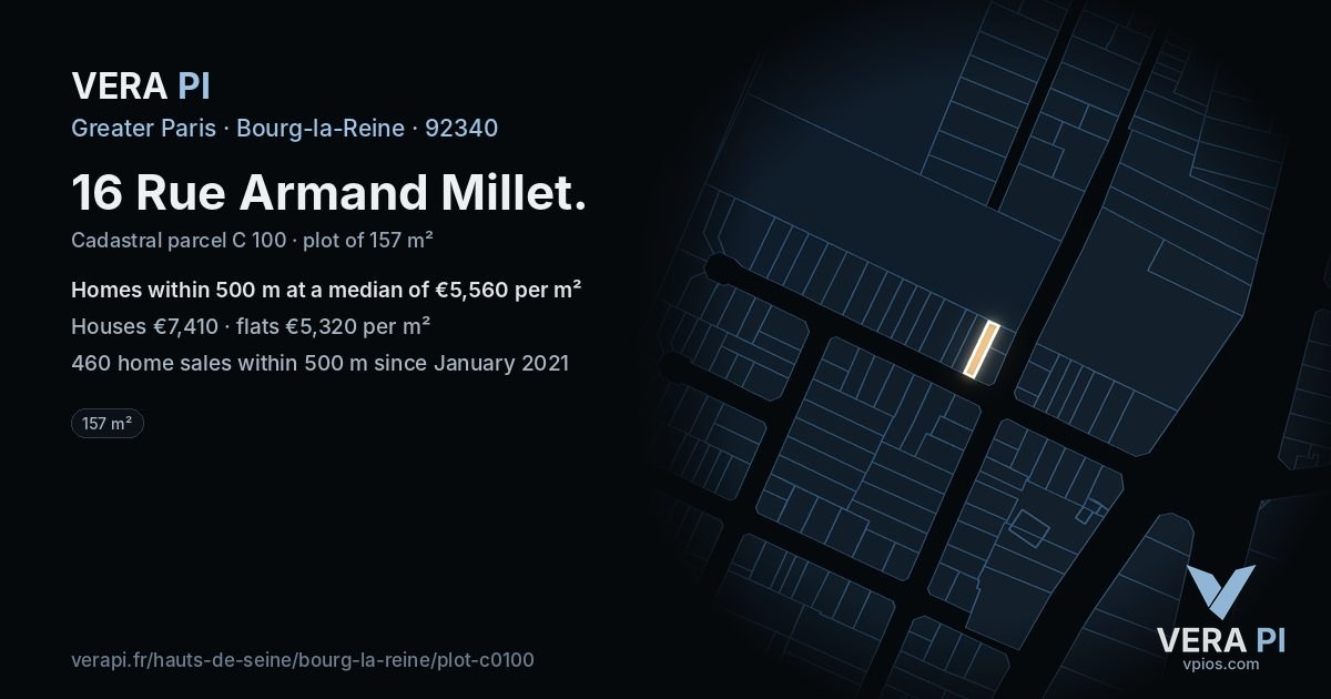 16 Rue Armand Millet, Bourg-la-Reine at night – the plot lit, the parcels around coloured by the prices near them
