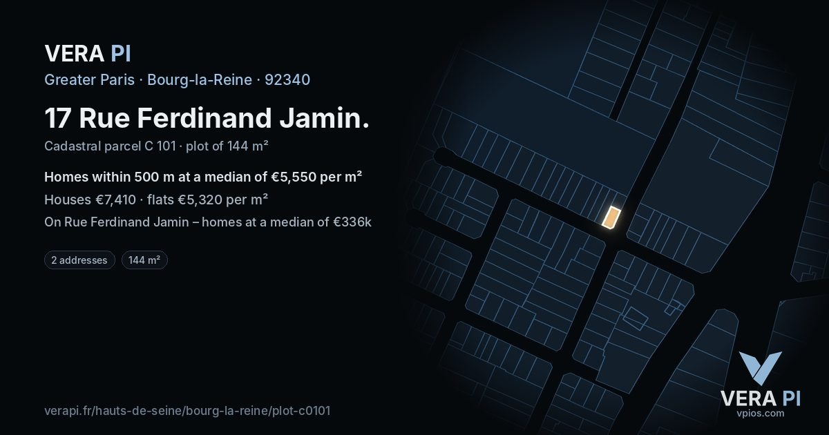 17 Rue Ferdinand Jamin, Bourg-la-Reine at night – the plot lit, the parcels around coloured by the prices near them