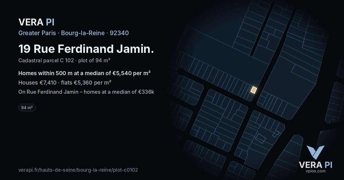 19 Rue Ferdinand Jamin, Bourg-la-Reine at night – the plot lit, the parcels around coloured by the prices near them