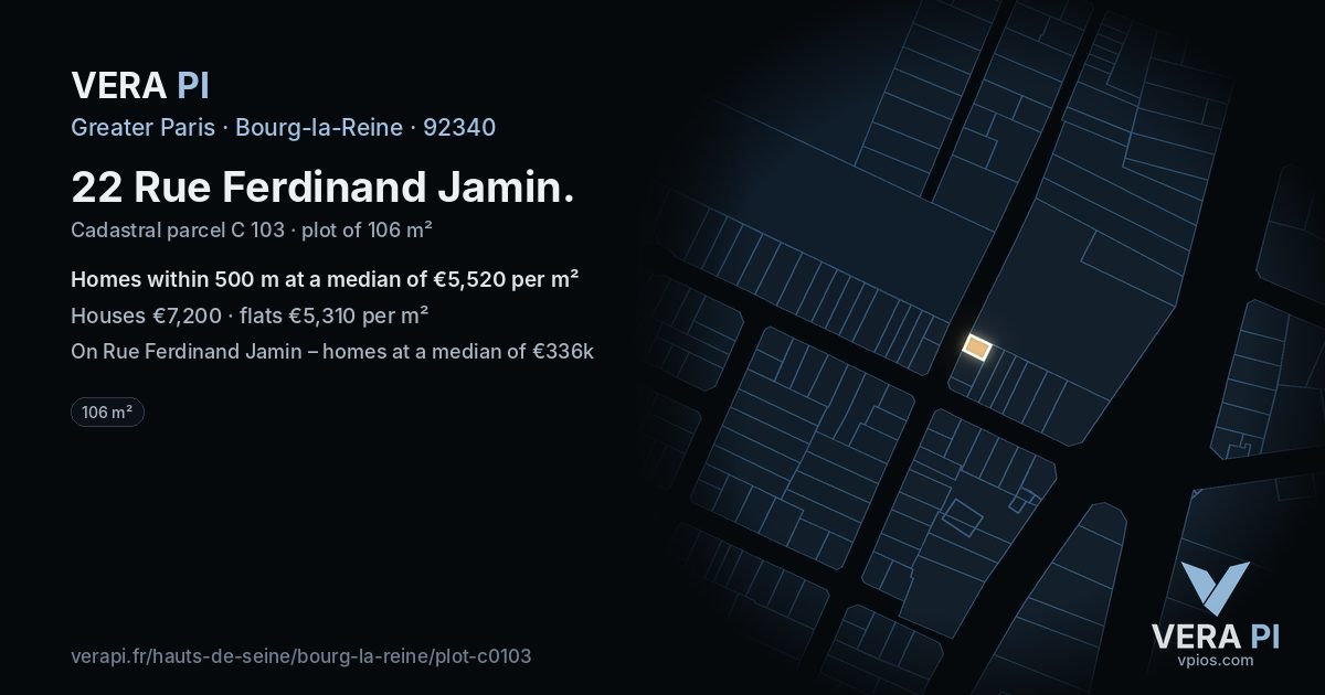 22 Rue Ferdinand Jamin, Bourg-la-Reine at night – the plot lit, the parcels around coloured by the prices near them