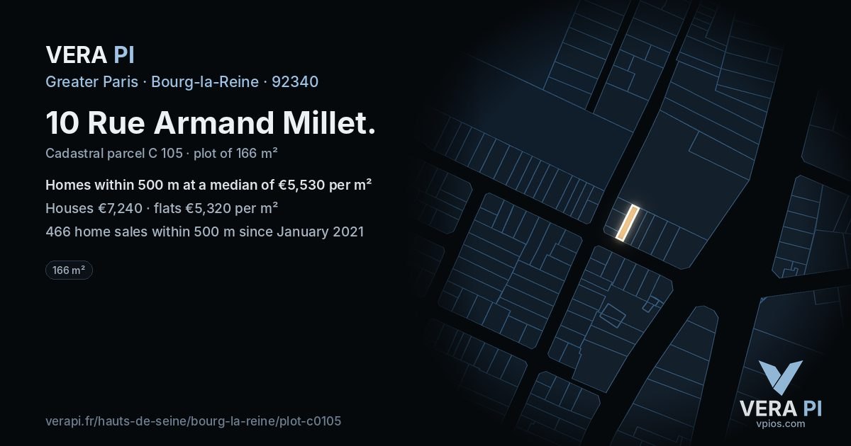 10 Rue Armand Millet, Bourg-la-Reine at night – the plot lit, the parcels around coloured by the prices near them