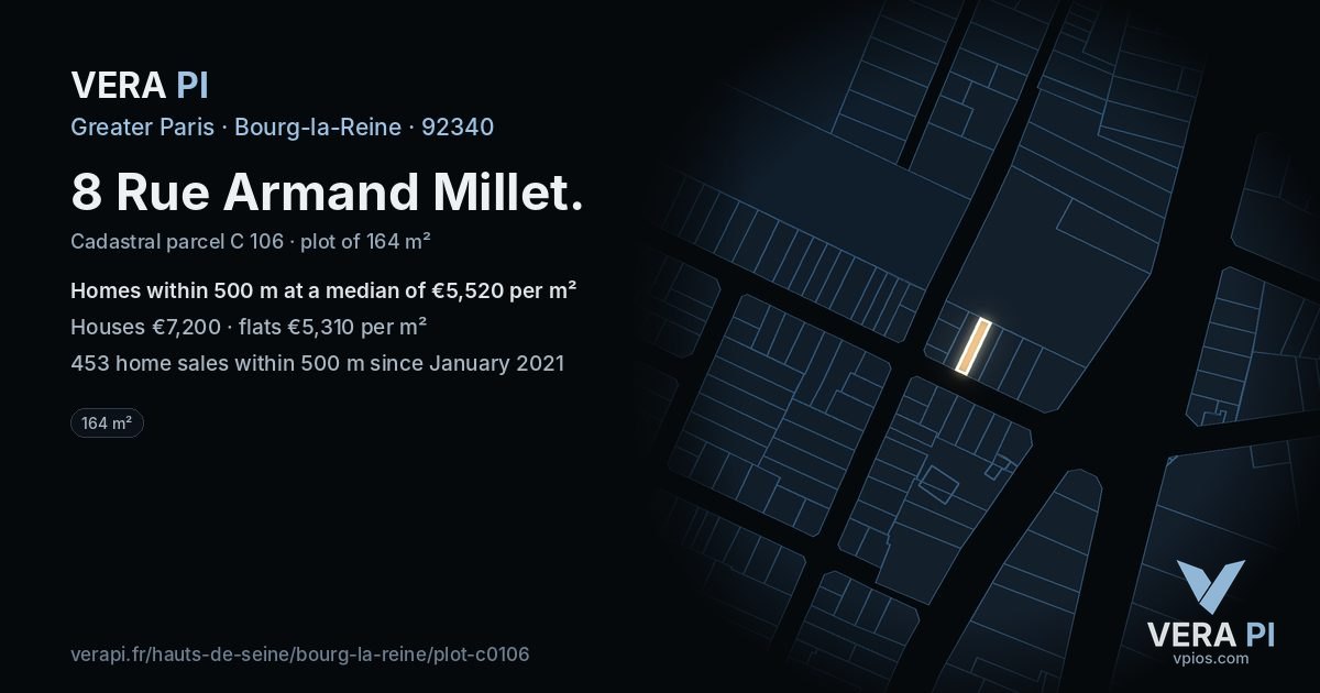 8 Rue Armand Millet, Bourg-la-Reine at night – the plot lit, the parcels around coloured by the prices near them