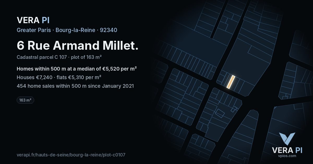 6 Rue Armand Millet, Bourg-la-Reine at night – the plot lit, the parcels around coloured by the prices near them
